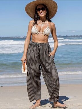 TARSE Womens Linen Wide Leg Casual Loose  Beach  Harem Pants with Pockets S/XL
